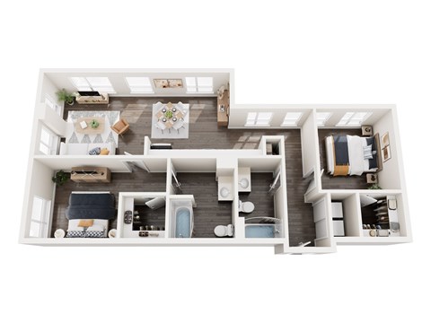 A top-down view of a modern apartment layout.